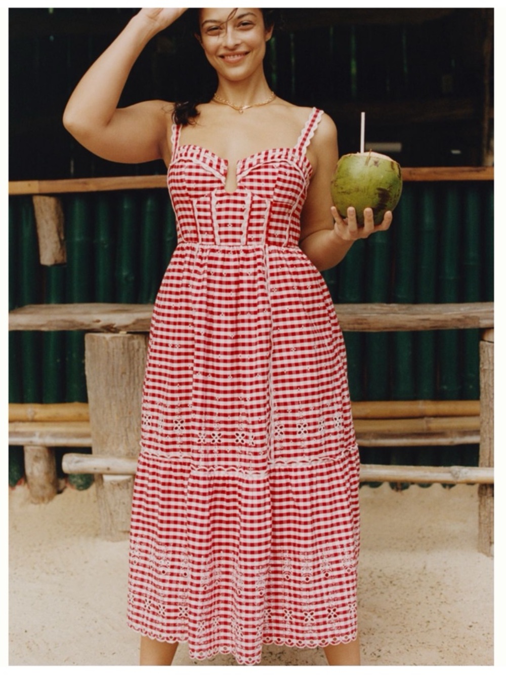 Anthropologie Red Gingham Eyelet Midi Dress